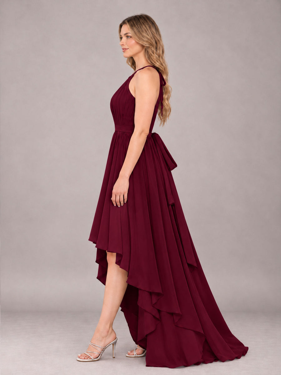 Burgundy Classy Halter Asymmetrical Bow Back Chiffon Bridesmaid Dress