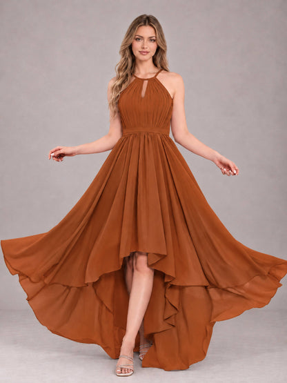 Burnt Orange Classy Halter Asymmetrical Bow Back Chiffon Bridesmaid Dress