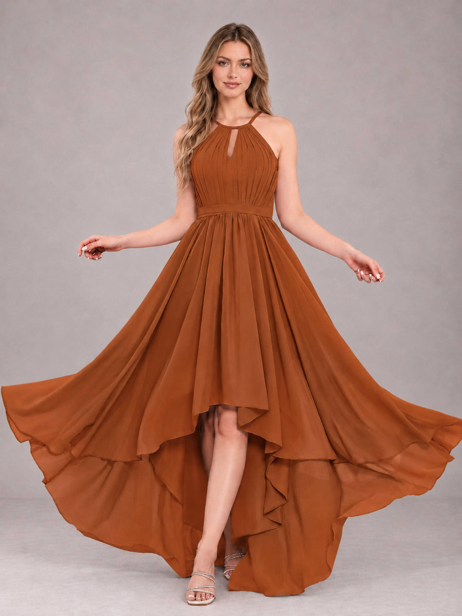 Burnt Orange Classy Halter Asymmetrical Bow Back Chiffon Bridesmaid Dress