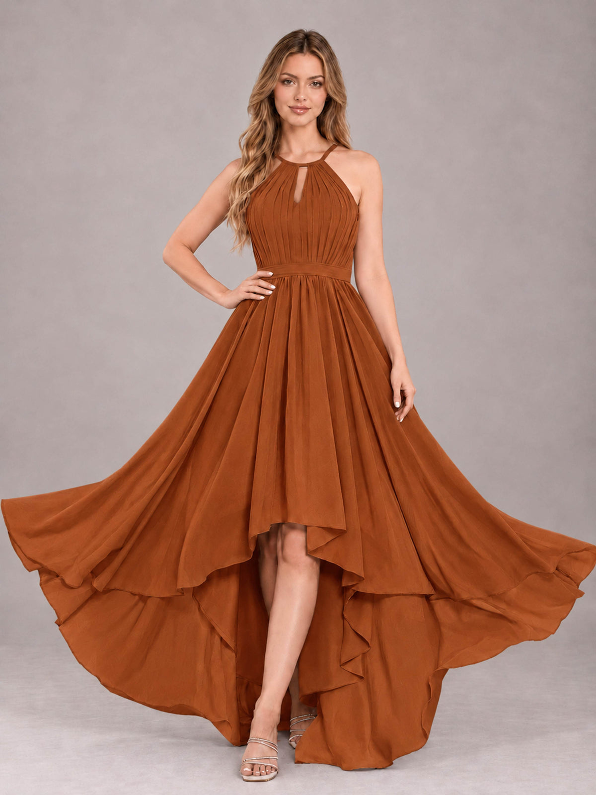 Burnt Orange Classy Halter Asymmetrical Bow Back Chiffon Bridesmaid Dress