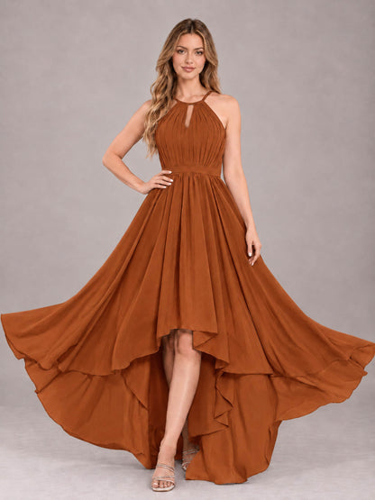 Burnt Orange Classy Halter Asymmetrical Bow Back Chiffon Bridesmaid Dress