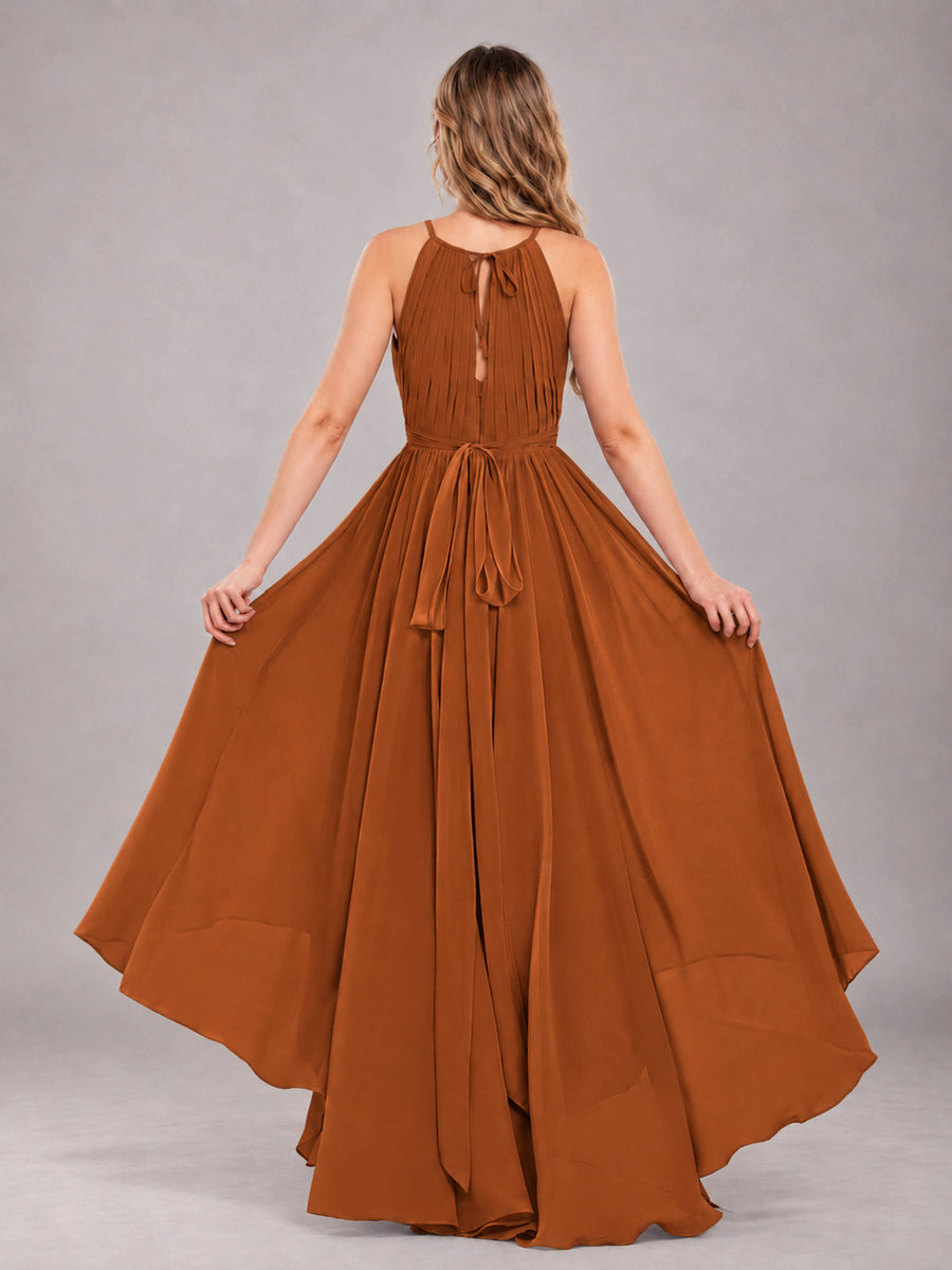 Burnt Orange Classy Halter Asymmetrical Bow Back Chiffon Bridesmaid Dress