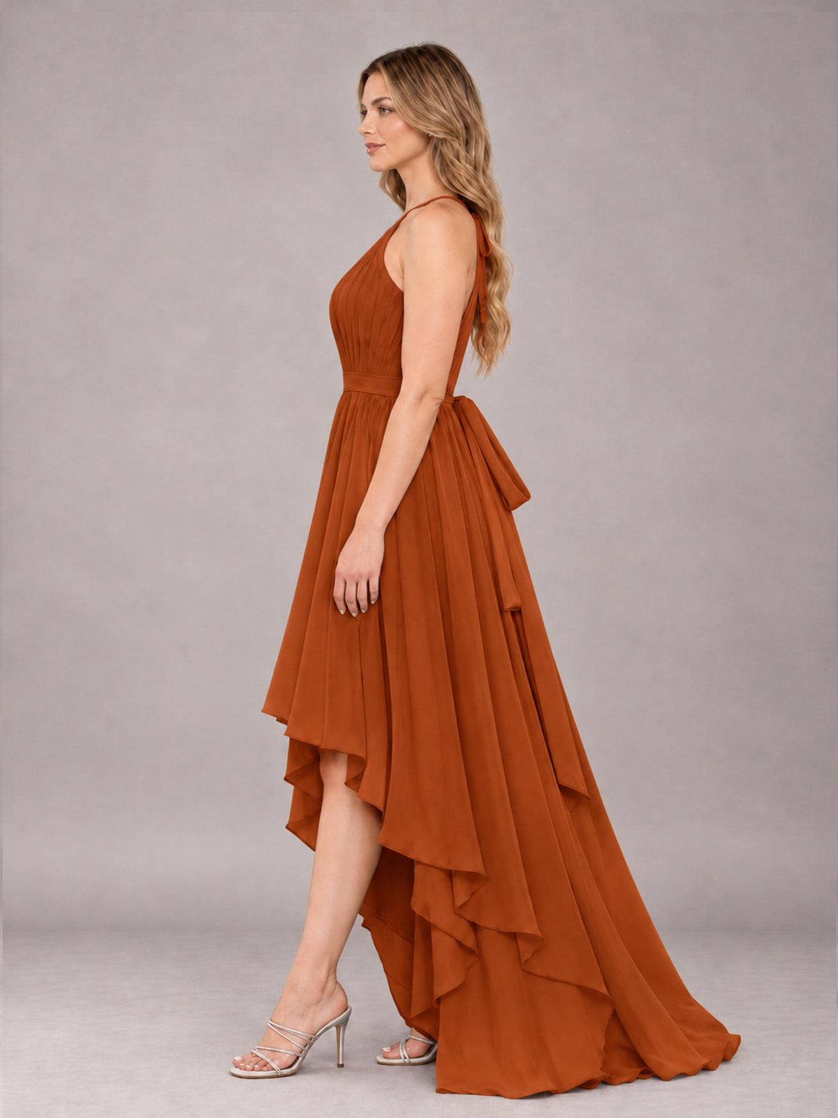 Burnt Orange Classy Halter Asymmetrical Bow Back Chiffon Bridesmaid Dress