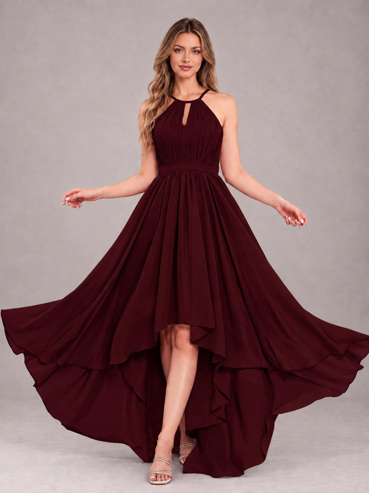 Cabernet Classy Halter Asymmetrical Bow Back Chiffon Bridesmaid Dress
