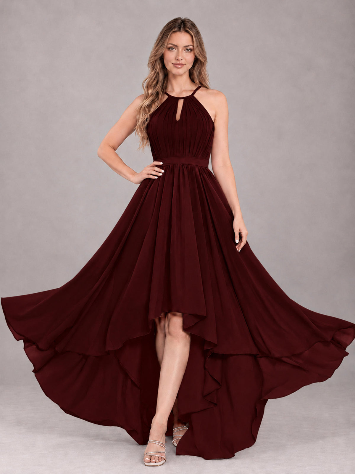 Cabernet Classy Halter Asymmetrical Bow Back Chiffon Bridesmaid Dress