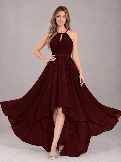 Cabernet Classy Halter Asymmetrical Bow Back Chiffon Bridesmaid Dress
