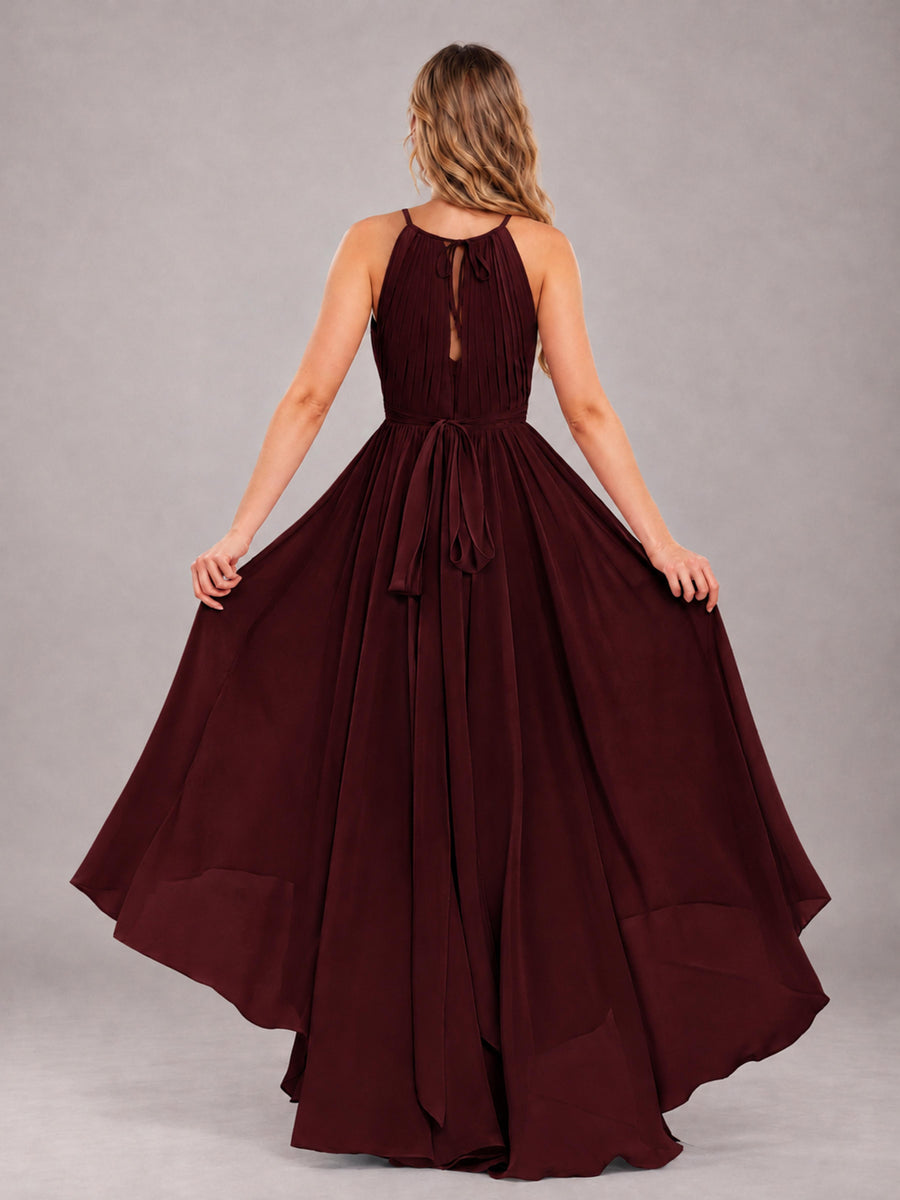 Cabernet Classy Halter Asymmetrical Bow Back Chiffon Bridesmaid Dress