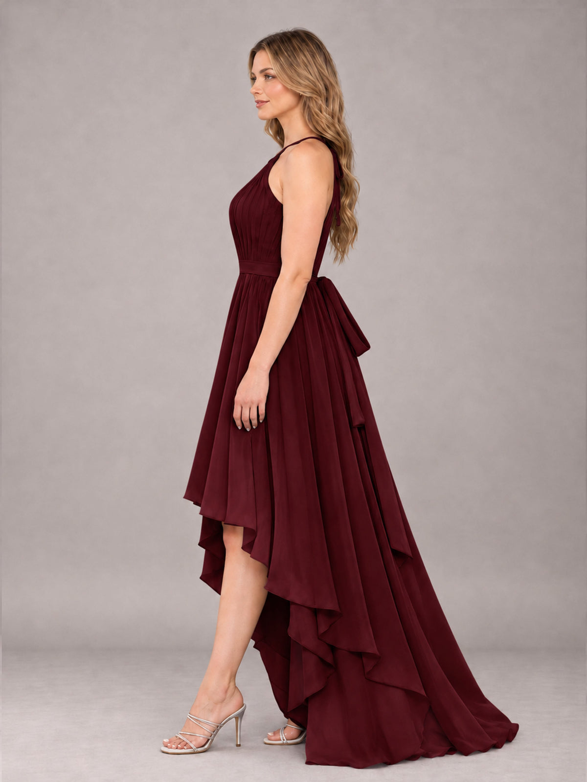 Cabernet Classy Halter Asymmetrical Bow Back Chiffon Bridesmaid Dress