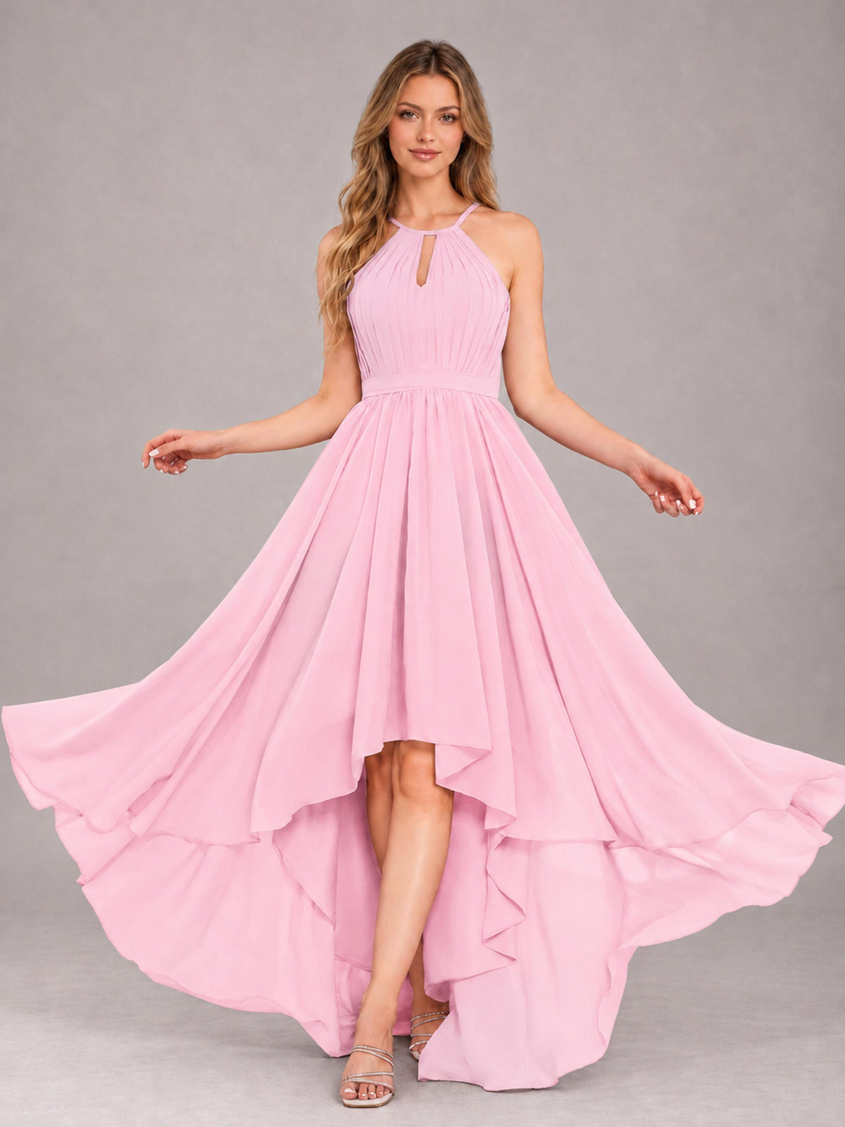 Candy Pink Classy Halter Asymmetrical Bow Back Chiffon Bridesmaid Dress