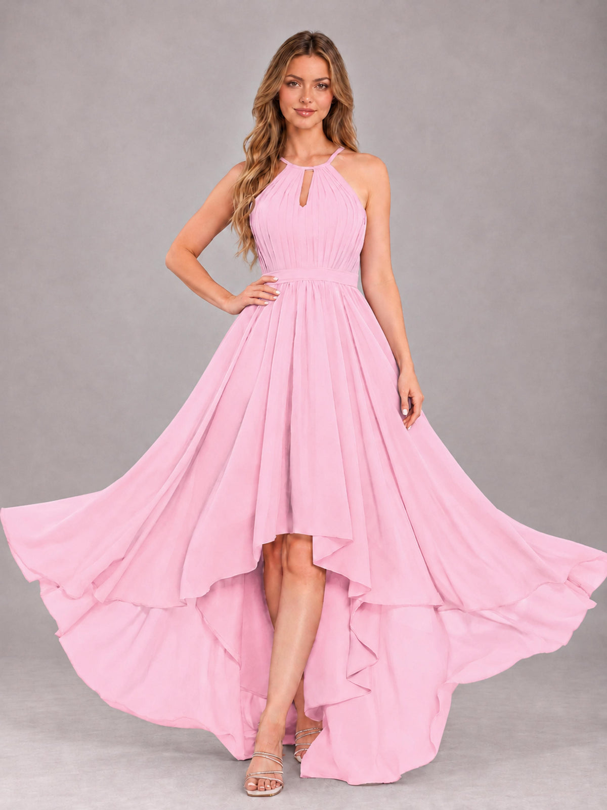 Candy Pink Classy Halter Asymmetrical Bow Back Chiffon Bridesmaid Dress