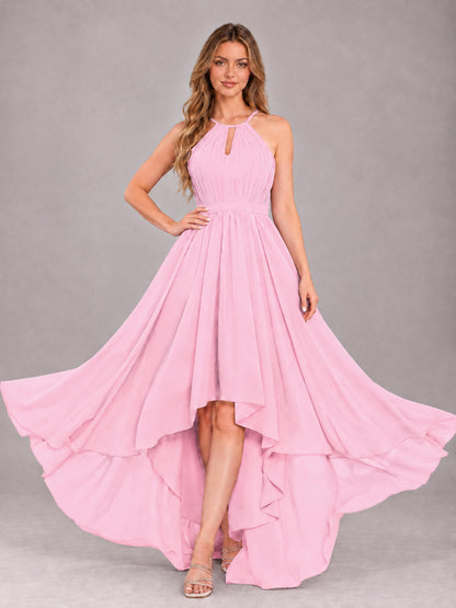 Candy Pink Classy Halter Asymmetrical Bow Back Chiffon Bridesmaid Dress