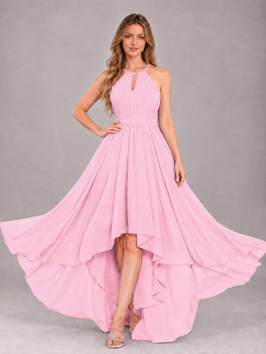 Candy Pink Classy Halter Asymmetrical Bow Back Chiffon Bridesmaid Dress