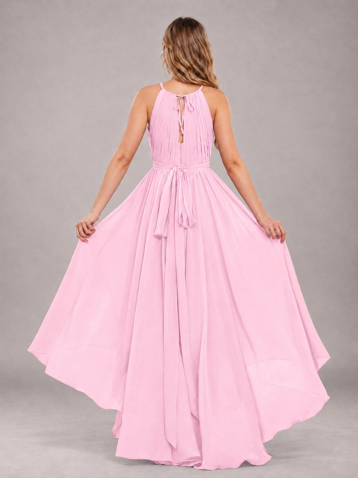 Candy Pink Classy Halter Asymmetrical Bow Back Chiffon Bridesmaid Dress