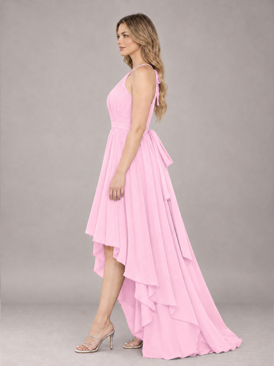 Candy Pink Classy Halter Asymmetrical Bow Back Chiffon Bridesmaid Dress