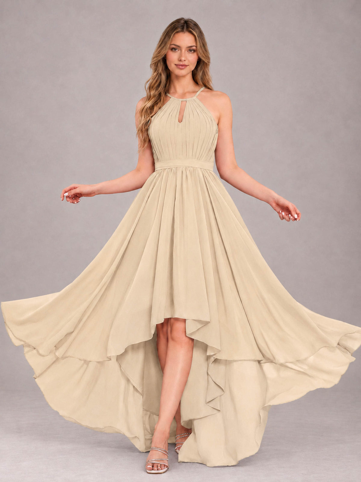 Champagne Classy Halter Asymmetrical Bow Back Chiffon Bridesmaid Dress