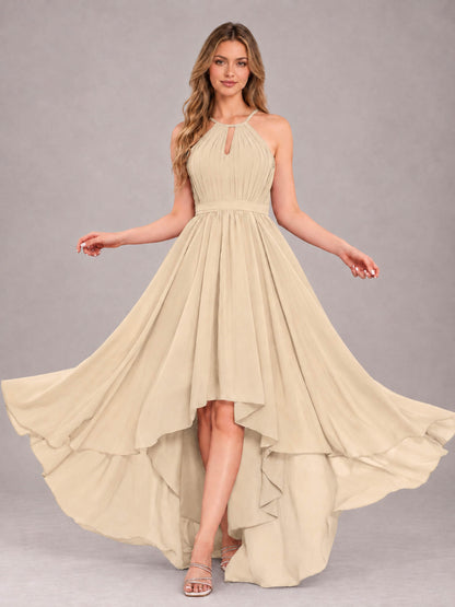 Champagne Classy Halter Asymmetrical Bow Back Chiffon Bridesmaid Dress