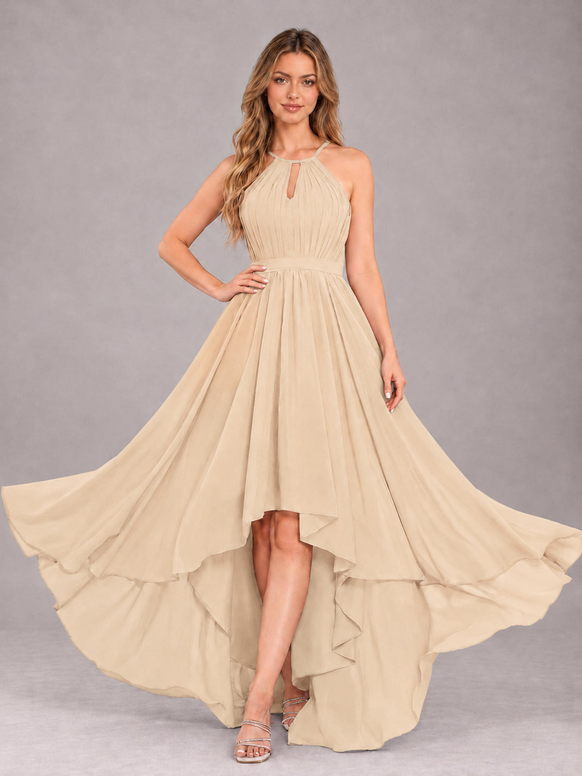Champagne Classy Halter Asymmetrical Bow Back Chiffon Bridesmaid Dress