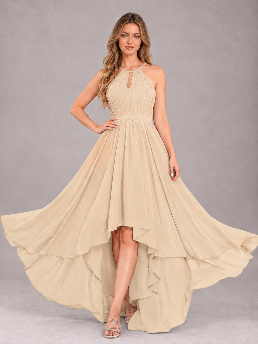 Champagne Classy Halter Asymmetrical Bow Back Chiffon Bridesmaid Dress