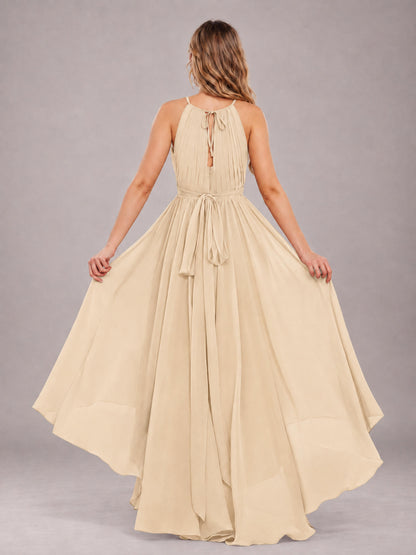 Champagne Classy Halter Asymmetrical Bow Back Chiffon Bridesmaid Dress