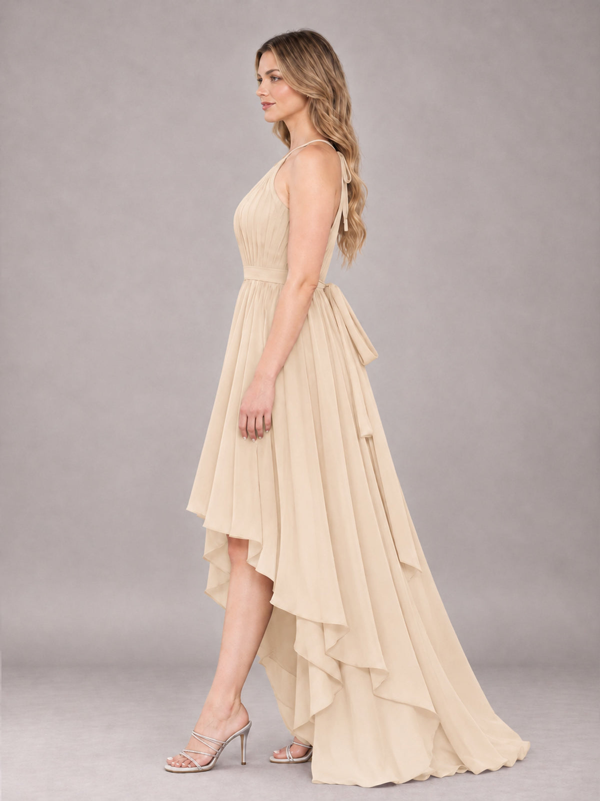 Champagne Classy Halter Asymmetrical Bow Back Chiffon Bridesmaid Dress