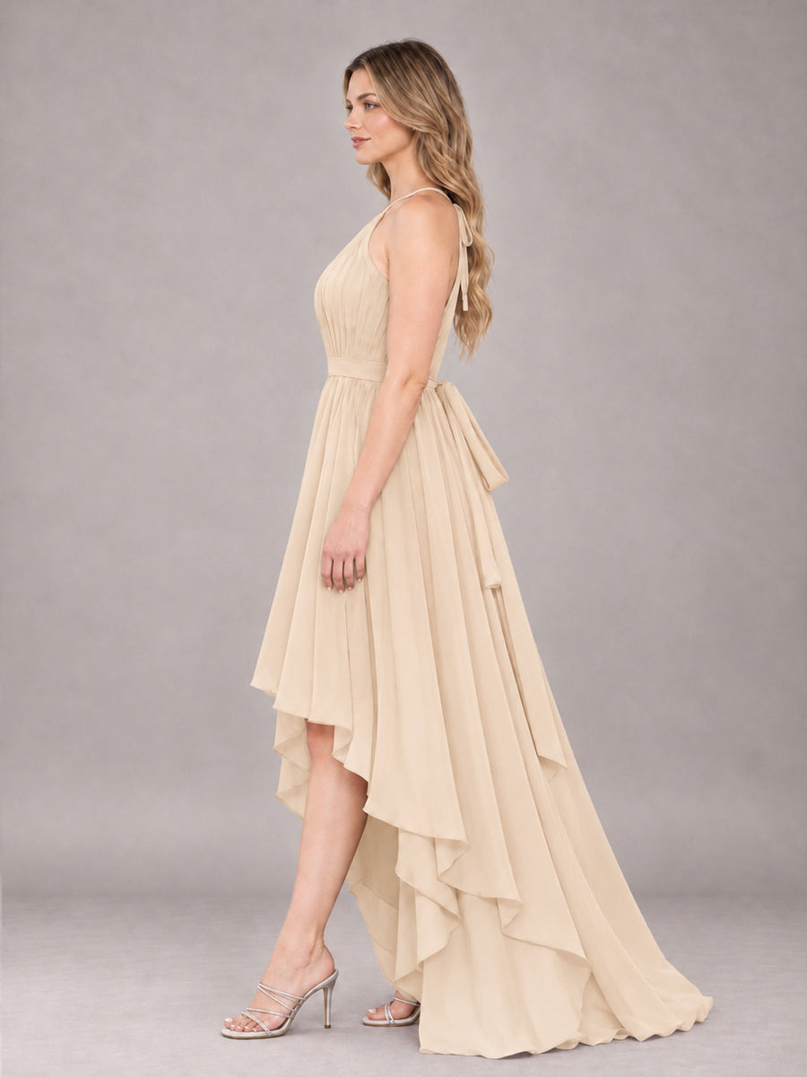 Champagne Classy Halter Asymmetrical Bow Back Chiffon Bridesmaid Dress