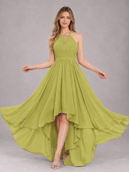 Chartreuse Classy Halter Asymmetrical Bow Back Chiffon Bridesmaid Dress