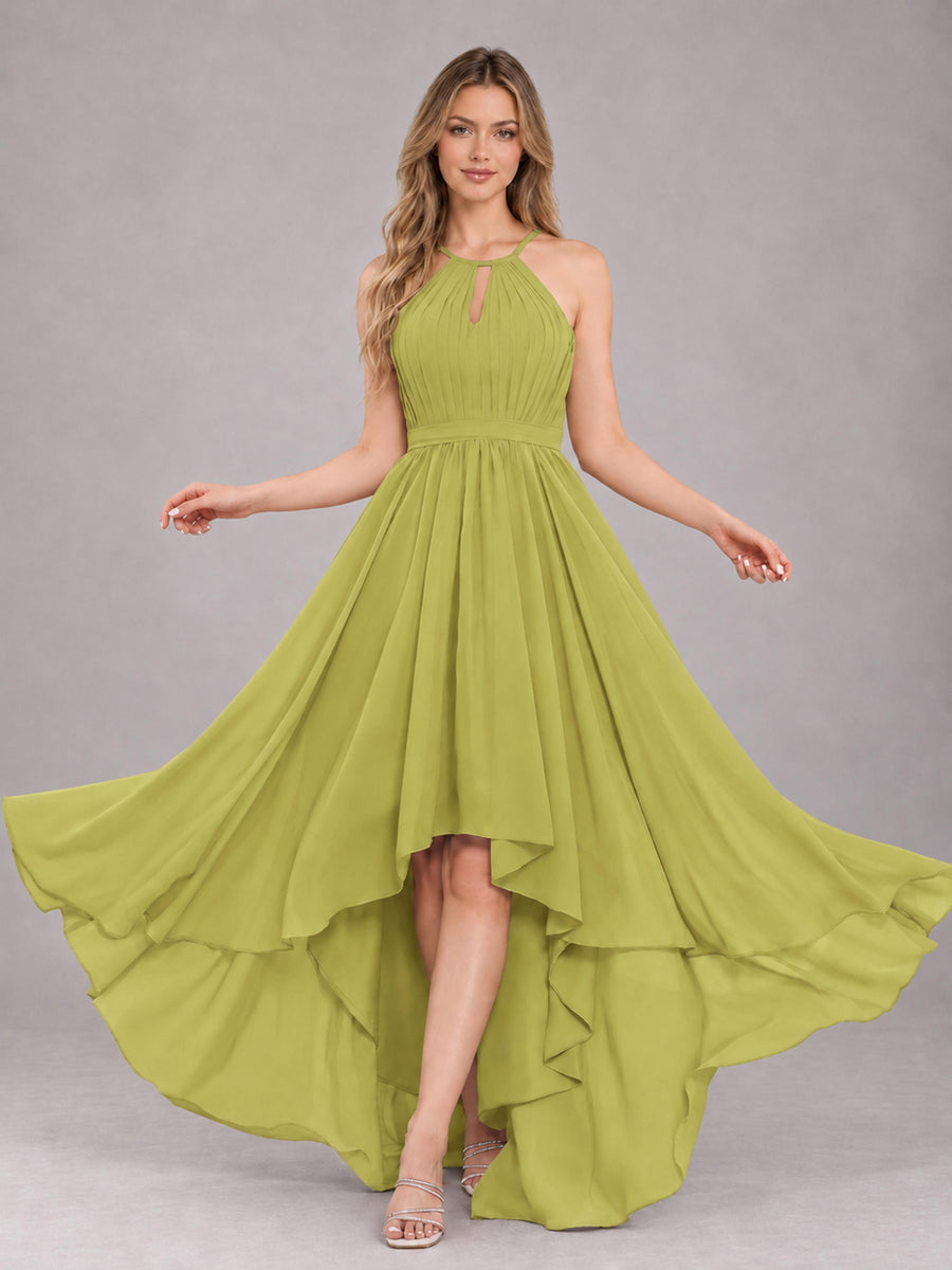 Chartreuse Classy Halter Asymmetrical Bow Back Chiffon Bridesmaid Dress