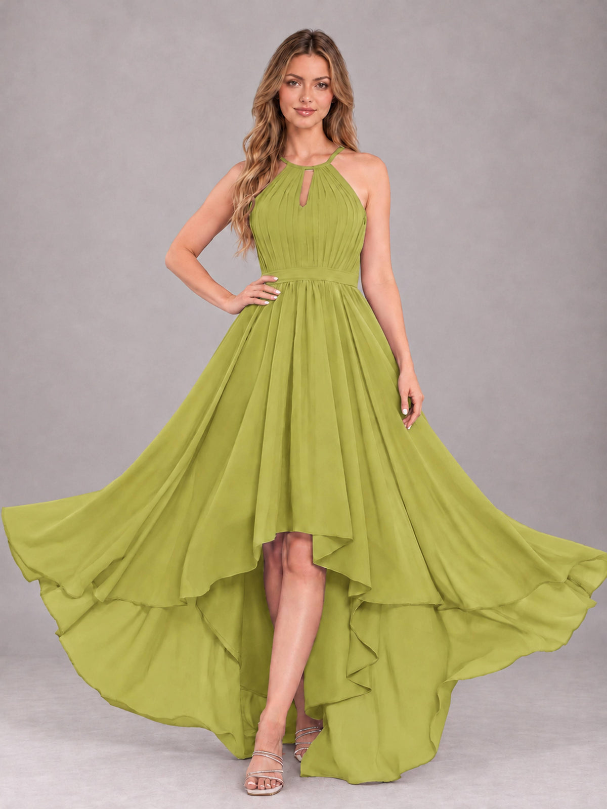 Chartreuse Classy Halter Asymmetrical Bow Back Chiffon Bridesmaid Dress