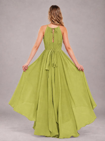 Chartreuse Classy Halter Asymmetrical Bow Back Chiffon Bridesmaid Dress