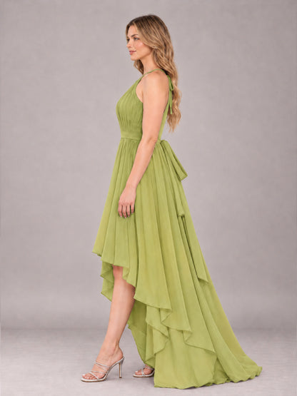 Chartreuse Classy Halter Asymmetrical Bow Back Chiffon Bridesmaid Dress