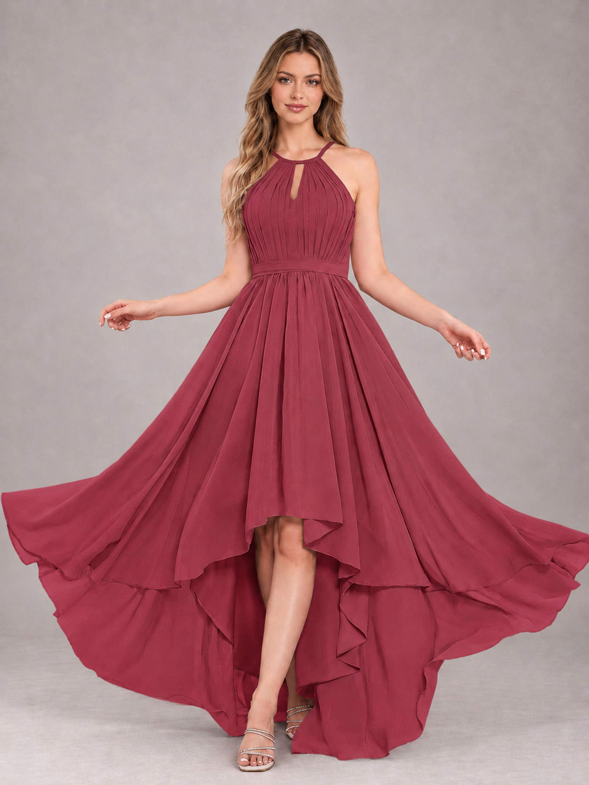 Cinnamon Rose Classy Halter Asymmetrical Bow Back Chiffon Bridesmaid Dress