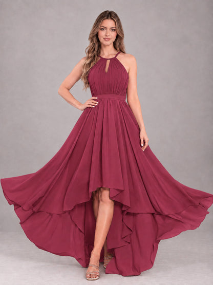 Cinnamon Rose Classy Halter Asymmetrical Bow Back Chiffon Bridesmaid Dress