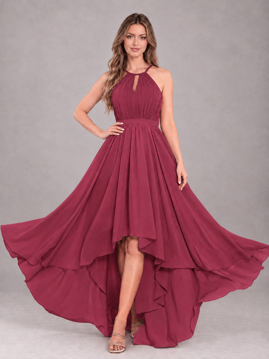 Cinnamon Rose Classy Halter Asymmetrical Bow Back Chiffon Bridesmaid Dress