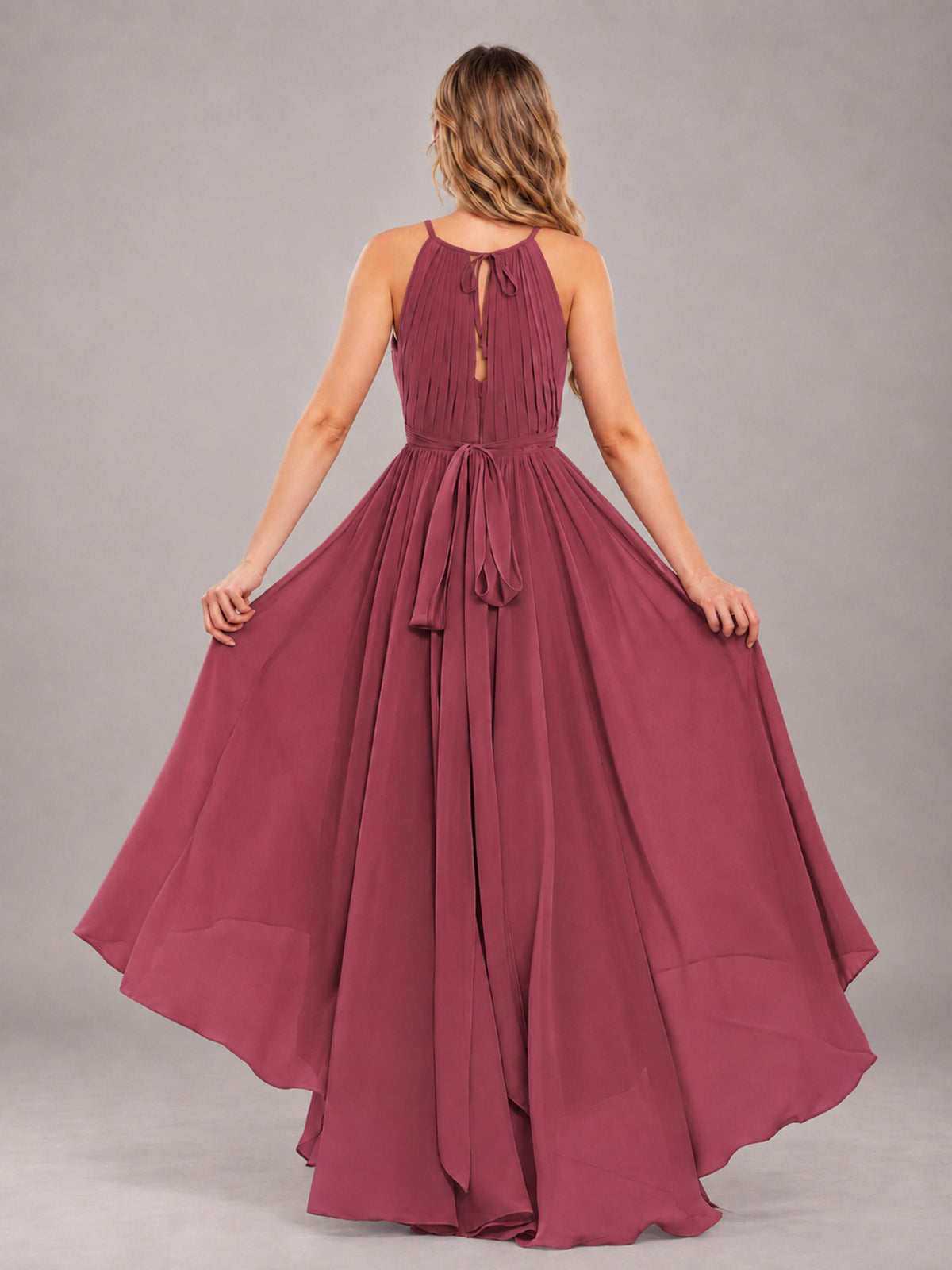 Cinnamon Rose Classy Halter Asymmetrical Bow Back Chiffon Bridesmaid Dress