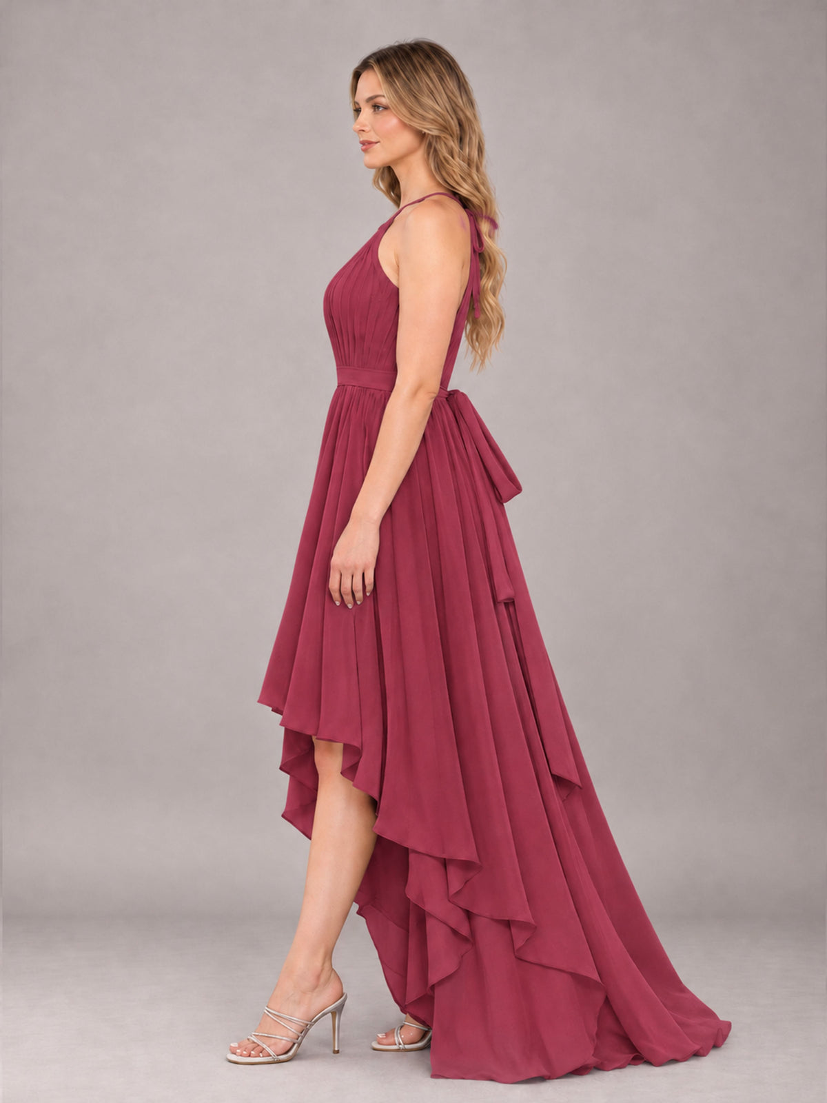Cinnamon Rose Classy Halter Asymmetrical Bow Back Chiffon Bridesmaid Dress