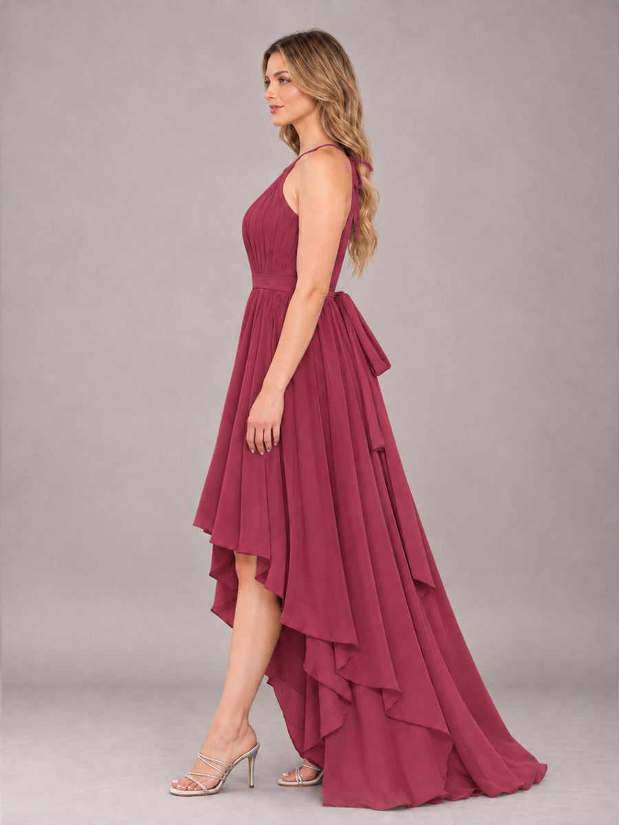 Cinnamon Rose Classy Halter Asymmetrical Bow Back Chiffon Bridesmaid Dress