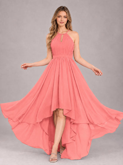 Coral Classy Halter Asymmetrical Bow Back Chiffon Bridesmaid Dress