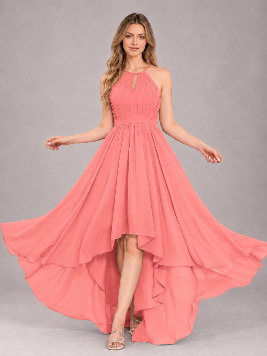 Coral Classy Halter Asymmetrical Bow Back Chiffon Bridesmaid Dress