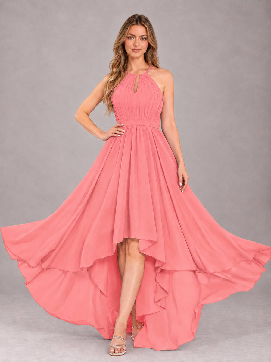 Coral Classy Halter Asymmetrical Bow Back Chiffon Bridesmaid Dress