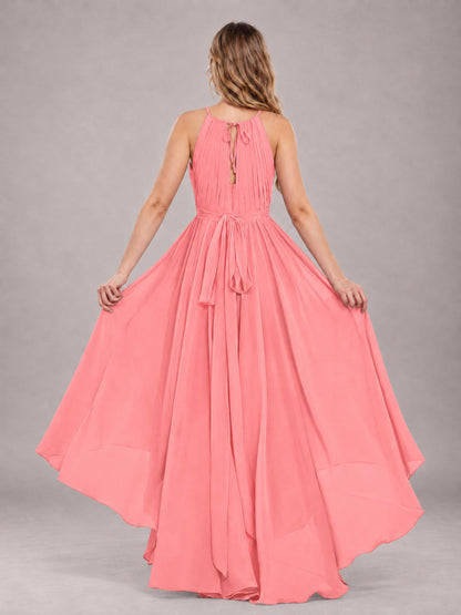 Coral Classy Halter Asymmetrical Bow Back Chiffon Bridesmaid Dress