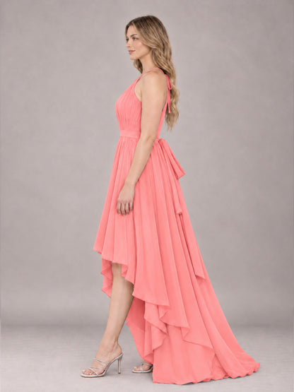 Coral Classy Halter Asymmetrical Bow Back Chiffon Bridesmaid Dress