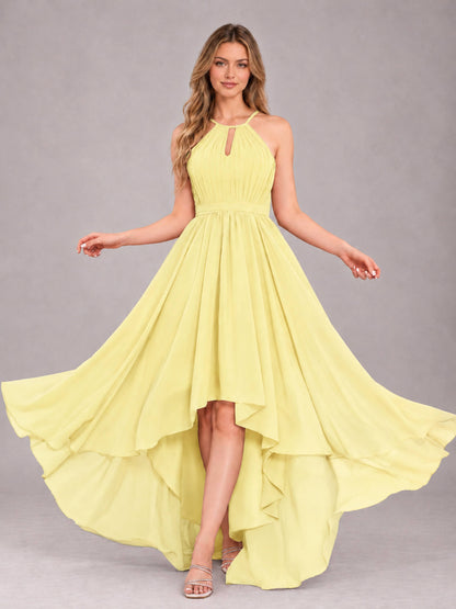 Daffodil Classy Halter Asymmetrical Bow Back Chiffon Bridesmaid Dress