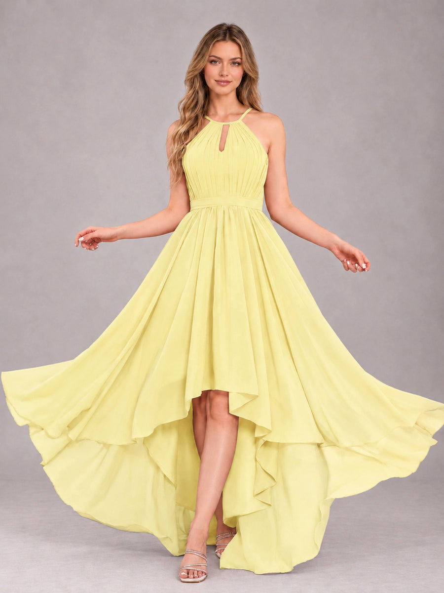 Daffodil Classy Halter Asymmetrical Bow Back Chiffon Bridesmaid Dress