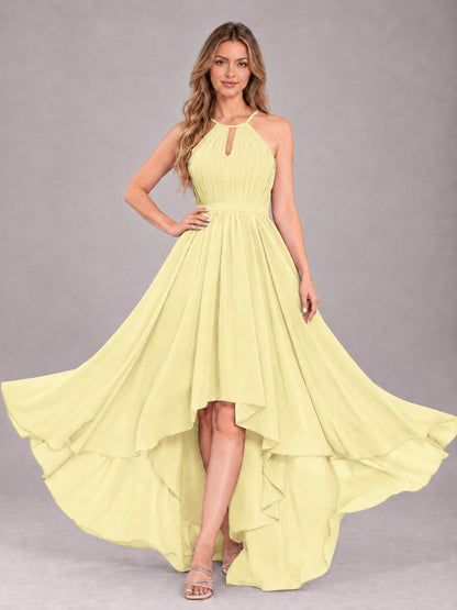 Daffodil Classy Halter Asymmetrical Bow Back Chiffon Bridesmaid Dress