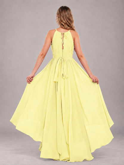 Daffodil Classy Halter Asymmetrical Bow Back Chiffon Bridesmaid Dress