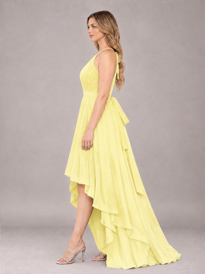 Daffodil Classy Halter Asymmetrical Bow Back Chiffon Bridesmaid Dress