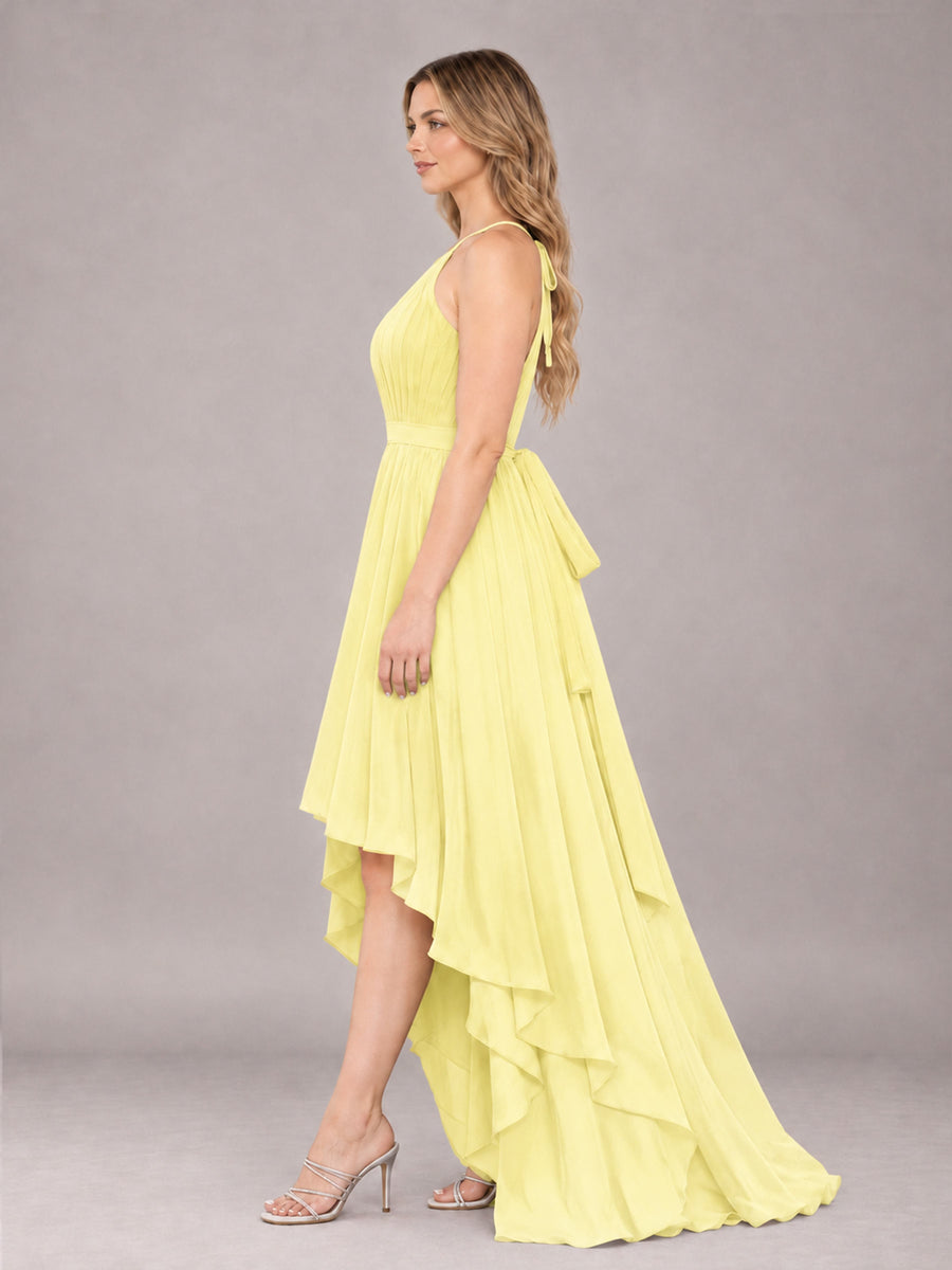 Daffodil Classy Halter Asymmetrical Bow Back Chiffon Bridesmaid Dress
