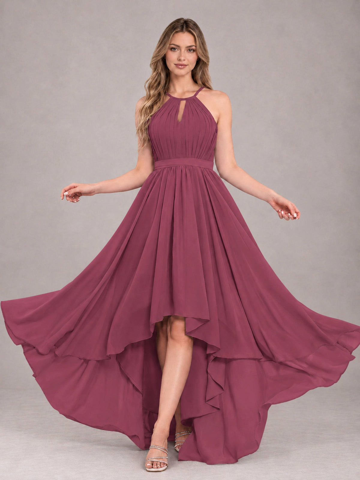 Desert Rose Classy Halter Asymmetrical Bow Back Chiffon Bridesmaid Dress