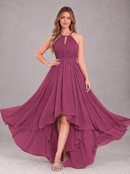 Desert Rose Classy Halter Asymmetrical Bow Back Chiffon Bridesmaid Dress
