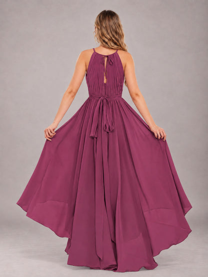Desert Rose Classy Halter Asymmetrical Bow Back Chiffon Bridesmaid Dress